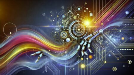 Una imagen abstracta que representa los desafíos y avances en la robótica y la inteligencia artificial. La imagen combina formas geométricas y líneas fluidas que simbolizan la complejidad y precisión del hardware y software robótico. Colores brillantes y vibrantes contrastan con tonos oscuros, reflejando el equilibrio entre la simplicidad del diseño y las complejidades de la IA. Elementos que recuerdan a manos robóticas, circuitos y haces de luz interactúan armoniosamente, sugiriendo progreso e innovación en la robótica.