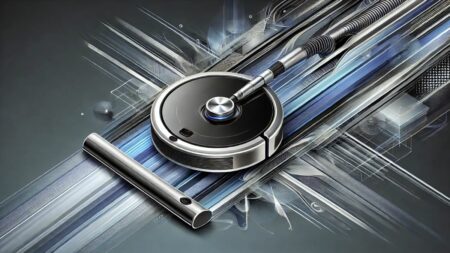 Imagen abstracta 16:9 que representa la avanzada tecnología de los robots aspiradores modernos, con formas futuristas y dinámicas que sugieren movimiento, eficiencia de limpieza y tecnología inteligente. La paleta de colores incluye tonos modernos inspirados en la tecnología, como azules, plateados y negros.