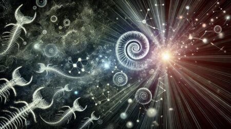 Una imagen abstracta 16:9 que representa la evolución de la inteligencia desde la oscuridad hasta la luz. La imagen muestra una transición del océano profundo y oscuro, lleno de formas indistintas, hacia redes neuronales brillantes e interconectadas que simbolizan la inteligencia artificial avanzada y la visión por computadora. Elementos de trilobites y formas de vida primitivas están sutilmente integrados en el diseño, mezclándose con los patrones neuronales y las transiciones de luz.