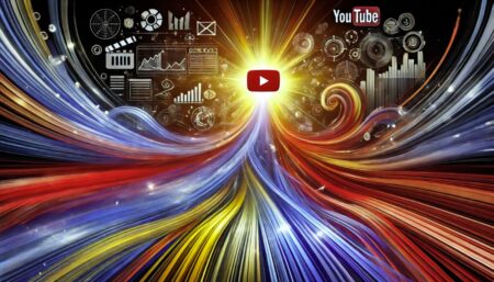 Una imagen abstracta que representa el viaje de un creador de YouTube. La imagen presenta líneas dinámicas y colores vibrantes como rojo, azul y amarillo que convergen hacia un punto central brillante, simbolizando el crecimiento, el éxito y la creatividad. En el fondo, se integran sutilmente iconos relacionados con la creación de videos, como una cámara, herramientas de edición y un botón de reproducción.