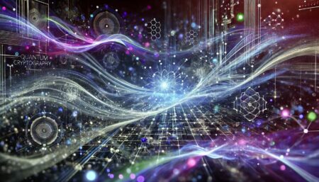 Una representación abstracta del desarrollo de software para criptografía cuántica. La imagen muestra nodos interconectados y flujos de datos que simbolizan la distribución de claves cuánticas, con una paleta de colores en tonos azul profundo, púrpura y toques de verde, evocando la naturaleza tecnológica y segura de esta tecnología. Partículas de luz y ondas ilustran los principios de la mecánica cuántica, con un sentimiento dinámico y futurista.