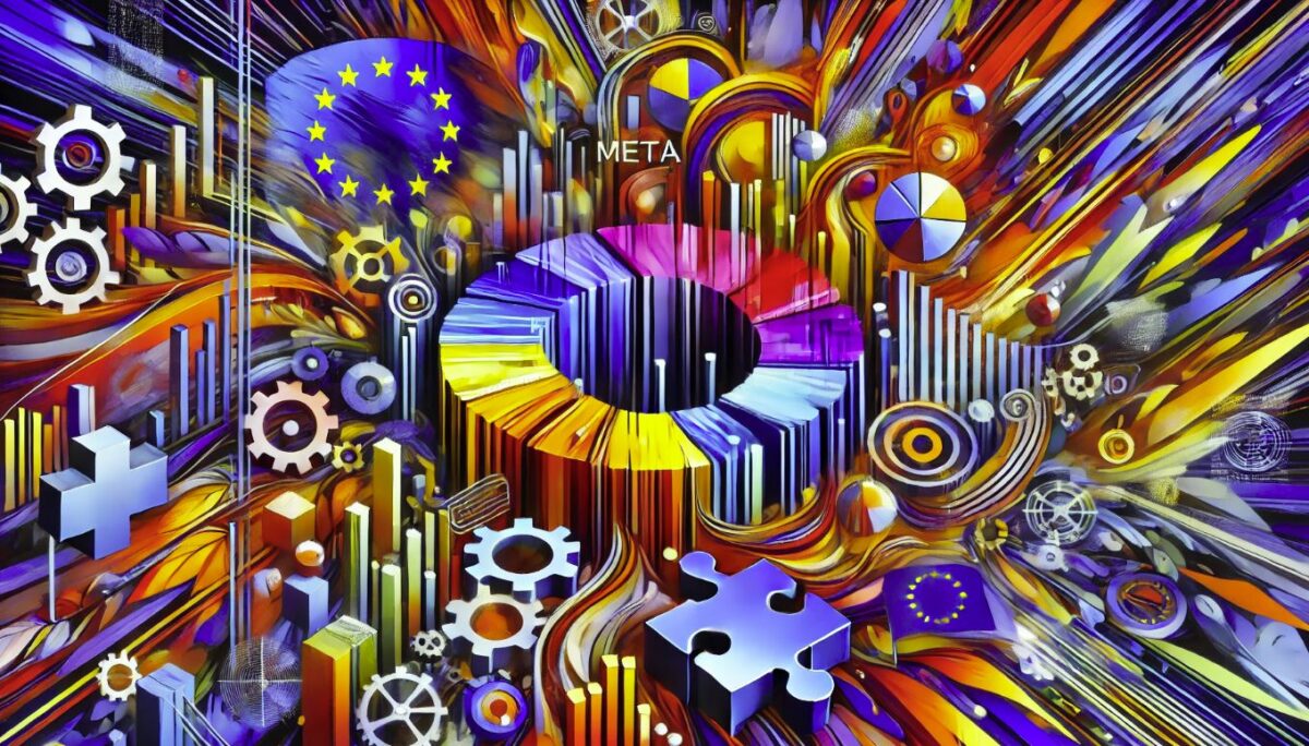 Una vibrante obra de arte digital abstracta que representa el choque entre el modelo publicitario de Meta y las regulaciones de la Unión Europea. La imagen presenta formas dinámicas y colores contrastantes que simbolizan conflicto y tensión. Elementos que evocan tecnología, datos y regulación se entrelazan, creando una composición visualmente impactante que captura la esencia del debate en curso.