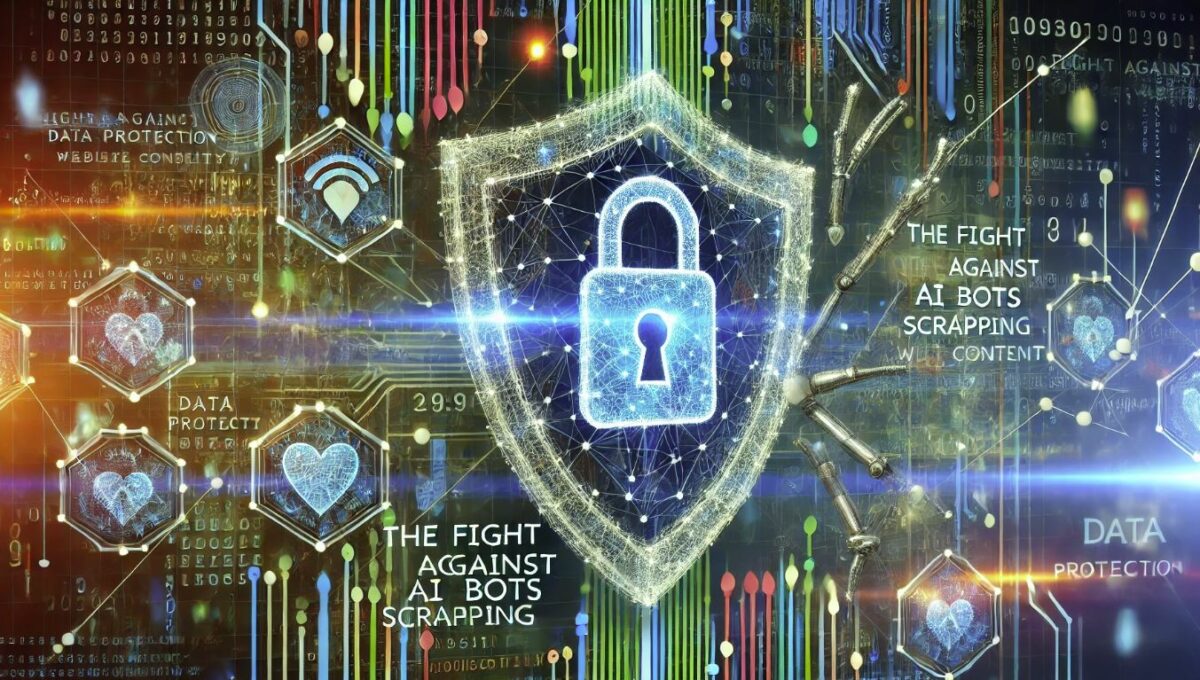 Imagen abstracta que representa la lucha contra los bots de IA que raspan contenidos web. La imagen muestra una red de estructuras digitales protegidas por un escudo, simbolizando la protección de datos y la ciberseguridad, con colores brillantes como azul y verde que representan la tecnología y la seguridad.