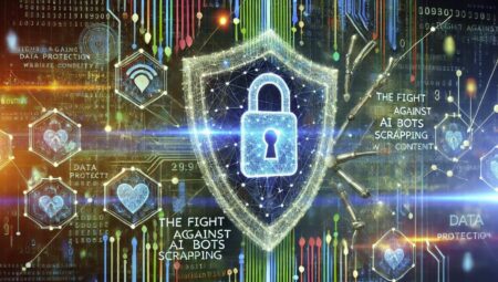 Imagen abstracta que representa la lucha contra los bots de IA que raspan contenidos web. La imagen muestra una red de estructuras digitales protegidas por un escudo, simbolizando la protección de datos y la ciberseguridad, con colores brillantes como azul y verde que representan la tecnología y la seguridad.