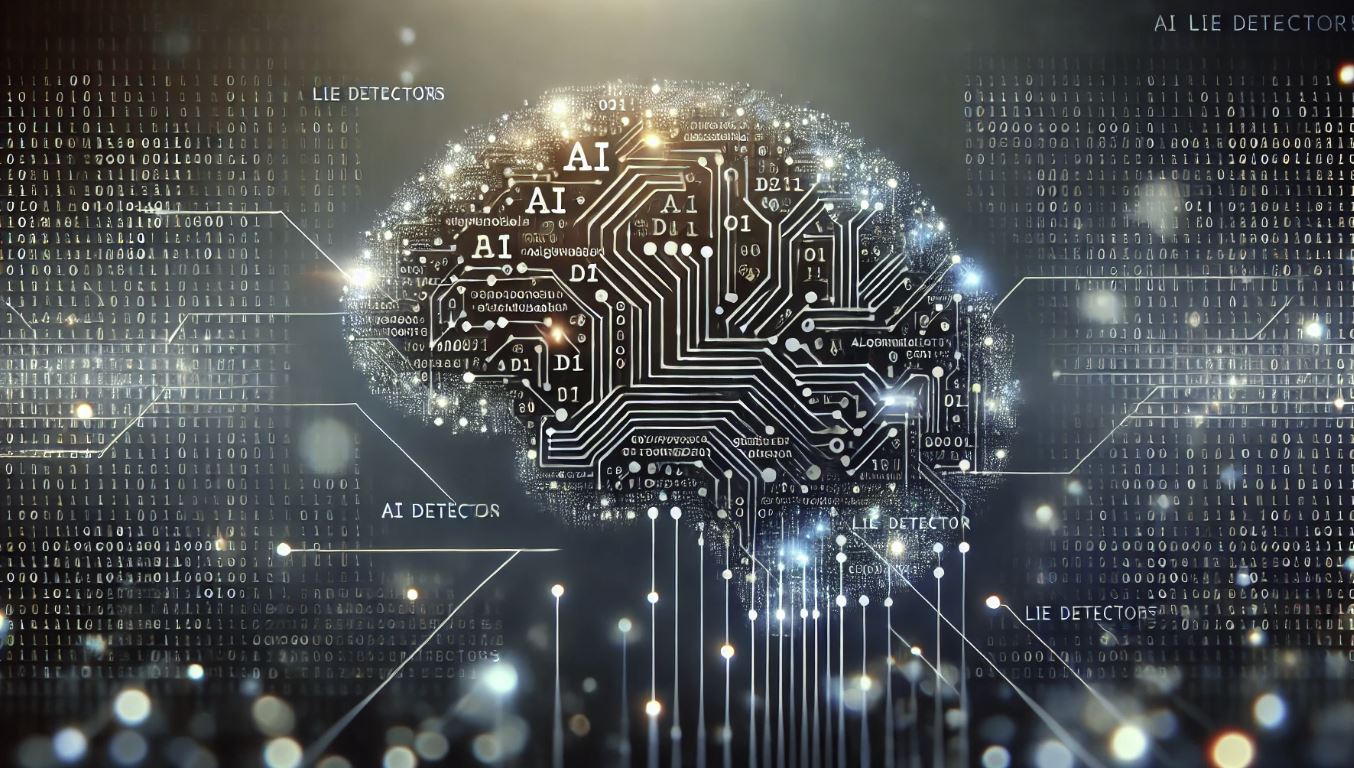 Imagen abstracta de 16:9 que representa el concepto de detectores de mentiras basados en IA. La imagen muestra un cerebro digital interconectado con código binario y patrones algorítmicos, simbolizando el uso de la inteligencia artificial en la detección de mentiras. El fondo es una mezcla de gradiente entre azul oscuro y negro, con sutiles destellos de luz, representando la profundidad y complejidad de esta tecnología avanzada.