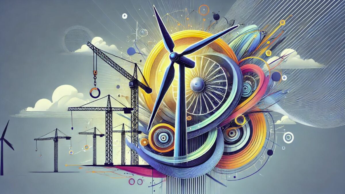 Imagen abstracta que representa el sistema innovador de turbinas eólicas autoensamblables. Con formas dinámicas y colores vibrantes, simboliza la eficiencia y el carácter futurista de la tecnología WindSpider. Incluye elementos estilizados de turbinas eólicas, grúas abstractas y líneas fluidas que representan la energía del viento.