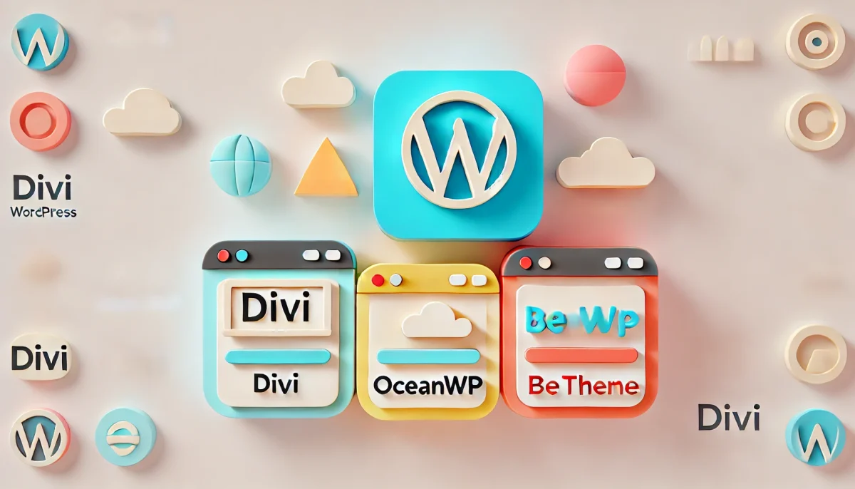 Imagen minimalista y divertida que muestra tres iconos coloridos, cada uno representando un tema de WordPress (Divi, OceanWP y Betheme) sobre un fondo claro, destacando la personalización y flexibilidad de cada uno.