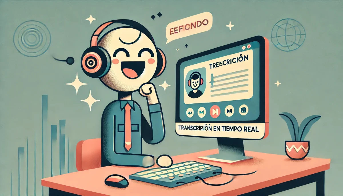 Una imagen minimalista y divertida que muestra un personaje de caricatura participando en una reunión virtual con auriculares, frente a una computadora. En la pantalla se observan líneas de texto en tiempo real, representando la función de transcripción automática. El fondo es limpio y con colores suaves, creando una atmósfera de productividad y alegría.