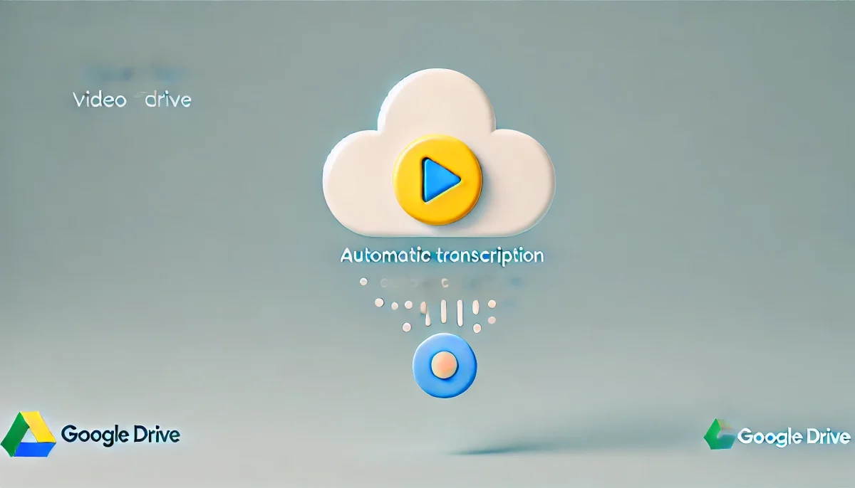 Imagen minimalista y divertida que representa la nueva función de transcripción automática de videos en Google Drive. Muestra un icono de nube, representando a Google Drive, con un botón de reproducción y líneas estilizadas de texto emergiendo de la nube, simbolizando la transcripción automática.