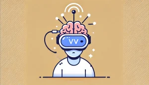 Una ilustración minimalista y divertida muestra a una persona usando un casco de realidad virtual con una antena en el pecho, simbolizando el control del dispositivo mediante pensamientos. El diseño es simple y colorido, con un fondo claro y líneas limpias, representando una tecnología accesible y amigable.