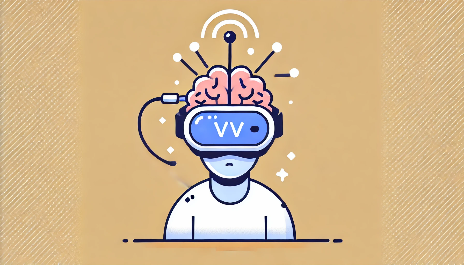 Una ilustración minimalista y divertida muestra a una persona usando un casco de realidad virtual con una antena en el pecho, simbolizando el control del dispositivo mediante pensamientos. El diseño es simple y colorido, con un fondo claro y líneas limpias, representando una tecnología accesible y amigable.