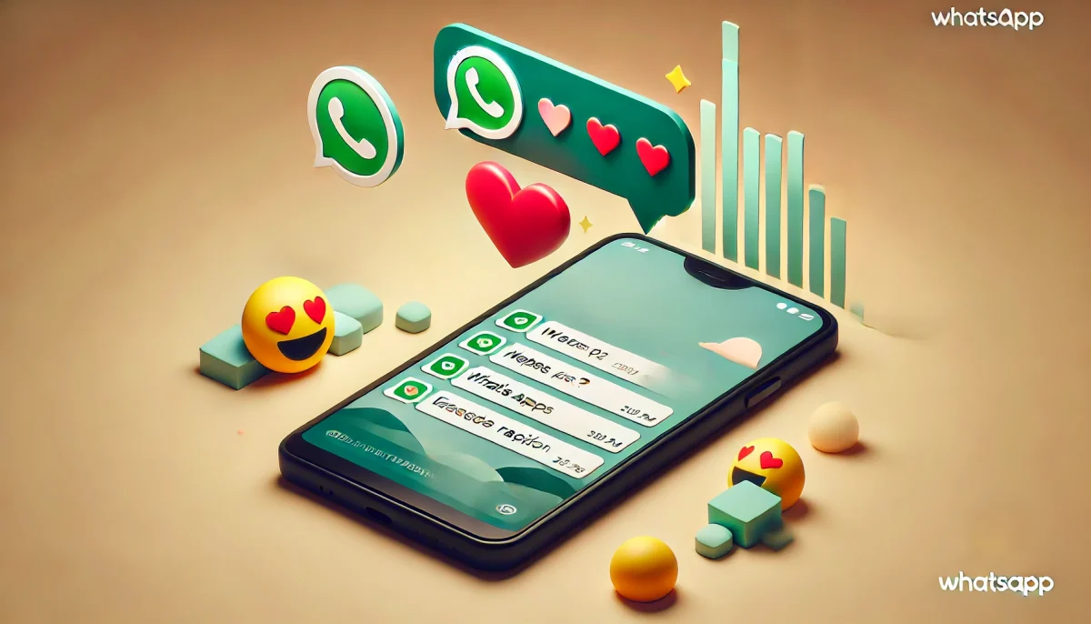 Una ilustración minimalista y divertida que muestra un teléfono móvil con una conversación de chat en WhatsApp. En la pantalla, un emoji de corazón aparece junto a un mensaje, destacando la nueva función de reacción rápida mediante doble toque. El diseño es limpio, con un fondo claro y colores suaves, que enfatizan la modernidad y simplicidad de la actualización.