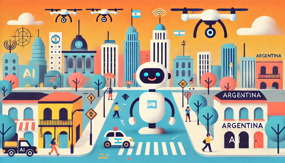 Una ilustración minimalista y divertida que muestra la utilización de inteligencia artificial para la predicción del crimen en Argentina. La imagen presenta una ciudad futurista con elementos lúdicos, como un robot sonriente patrullando las calles y drones en el cielo, simbolizando la vigilancia con IA. La escena es colorida y caricaturesca, enfatizando la combinación de tecnología y vida cotidiana.