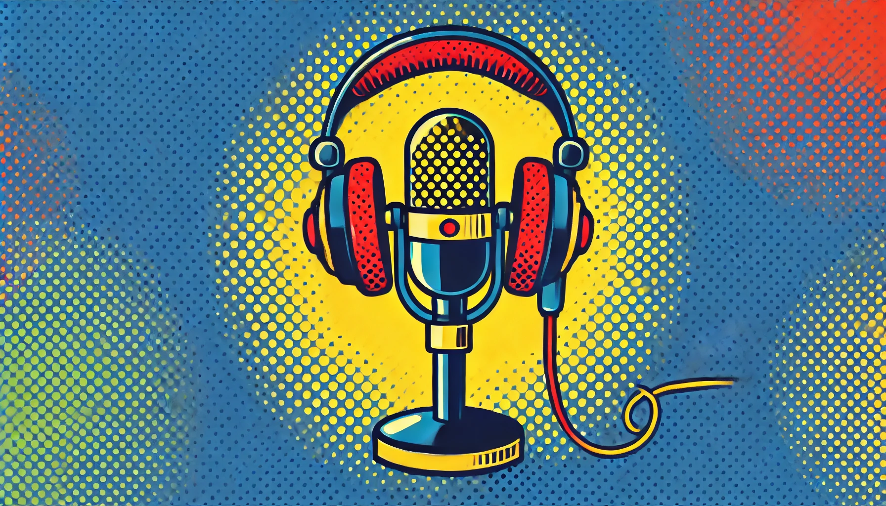 Minimalist pop art illustration of audio recording with headphones and microphone, featuring vibrant colors and bold comic-style outlines