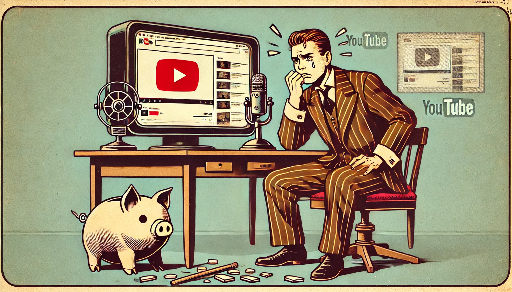 Ilustración en estilo cómic de los años 40 que muestra a un frustrado Youtuber ruso sentado frente a una pantalla en blanco y un cerdito roto. La imagen minimalista y divertida refleja las dificultades de los creadores de contenido en Rusia tras el cierre de AdSense por parte de Google.