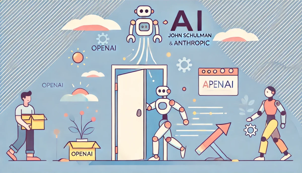 Una imagen minimalista y divertida que representa a John Schulman dejando OpenAI para unirse a Anthropic. La ilustración muestra iconos simples de robots y elementos de inteligencia artificial con un sentido de movimiento y transición. Los colores son claros y alegres, con líneas limpias y formas simples, simbolizando el cambio y la evolución en el campo de la inteligencia artificial.