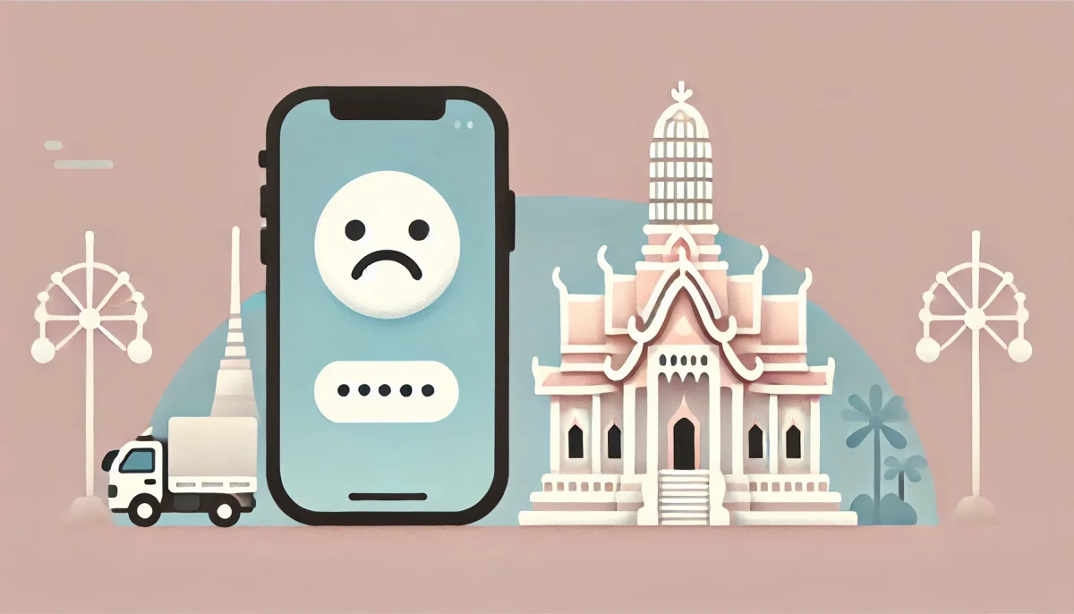 Una ilustración minimalista y divertida que muestra un smartphone con un emoji de cara triste junto a él, y un monumento tradicional tailandés como un templo en el fondo. La imagen utiliza colores suaves y tiene un aire ligero, a pesar del tema tratado.