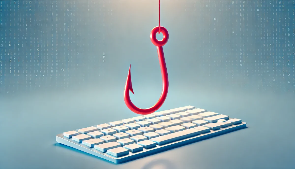 Imagen minimalista y creativa que muestra un gran anzuelo rojo suspendido sobre un teclado de computadora, simbolizando las tácticas de phishing dirigidas a influencers. El fondo en degradado azul representa el ambiente digital, haciendo énfasis en los riesgos ocultos en las oportunidades en línea aparentemente legítimas.