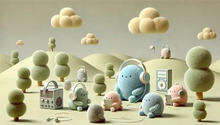 Imagen minimalista y divertida en tonos pasteles suaves y texturas de peluche, mostrando criaturas abstractas usando dispositivos de audio en un ambiente de parque sereno. Ideal para representar la conectividad y la inclusividad a través de la tecnología en un espacio relajante y comunal.