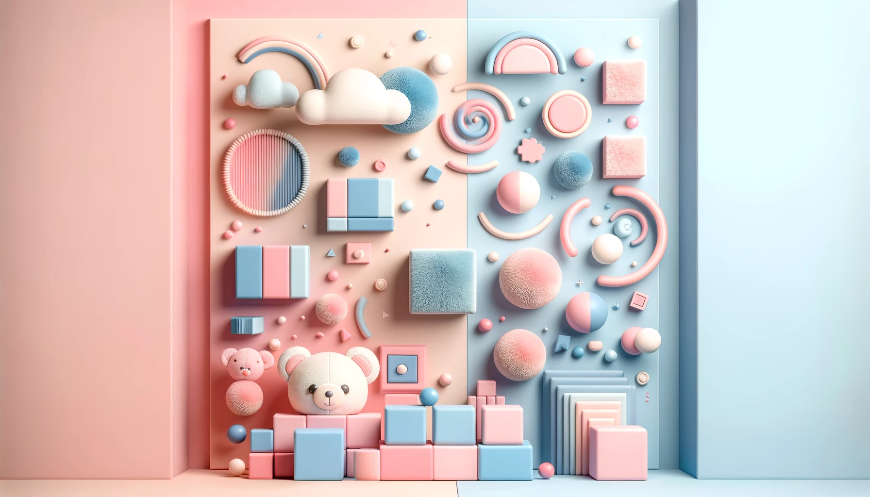 Una ilustración minimalista y divertida en tonos pasteles suaves con texturas de peluche que representa el concepto de normas de color y género. La imagen utiliza una mezcla equilibrada de tonos rosa y azul, con elementos juguetones como ositos de peluche y bloques, simbolizando la ruptura de las normas tradicionales de color de manera simple y accesible. Esta visualización calmada y atractiva refleja un enfoque moderno y neutral sobre el uso de los colores en relación con el género.