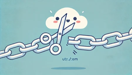 Una ilustración minimalista y divertida que muestra un servicio de acortamiento de URL. La imagen presenta una cadena o enlace simplificado siendo cortado por unas tijeras de gran tamaño y aspecto juguetón. El fondo es limpio, con colores claros y alegres, transmitiendo una sensación positiva y amigable.