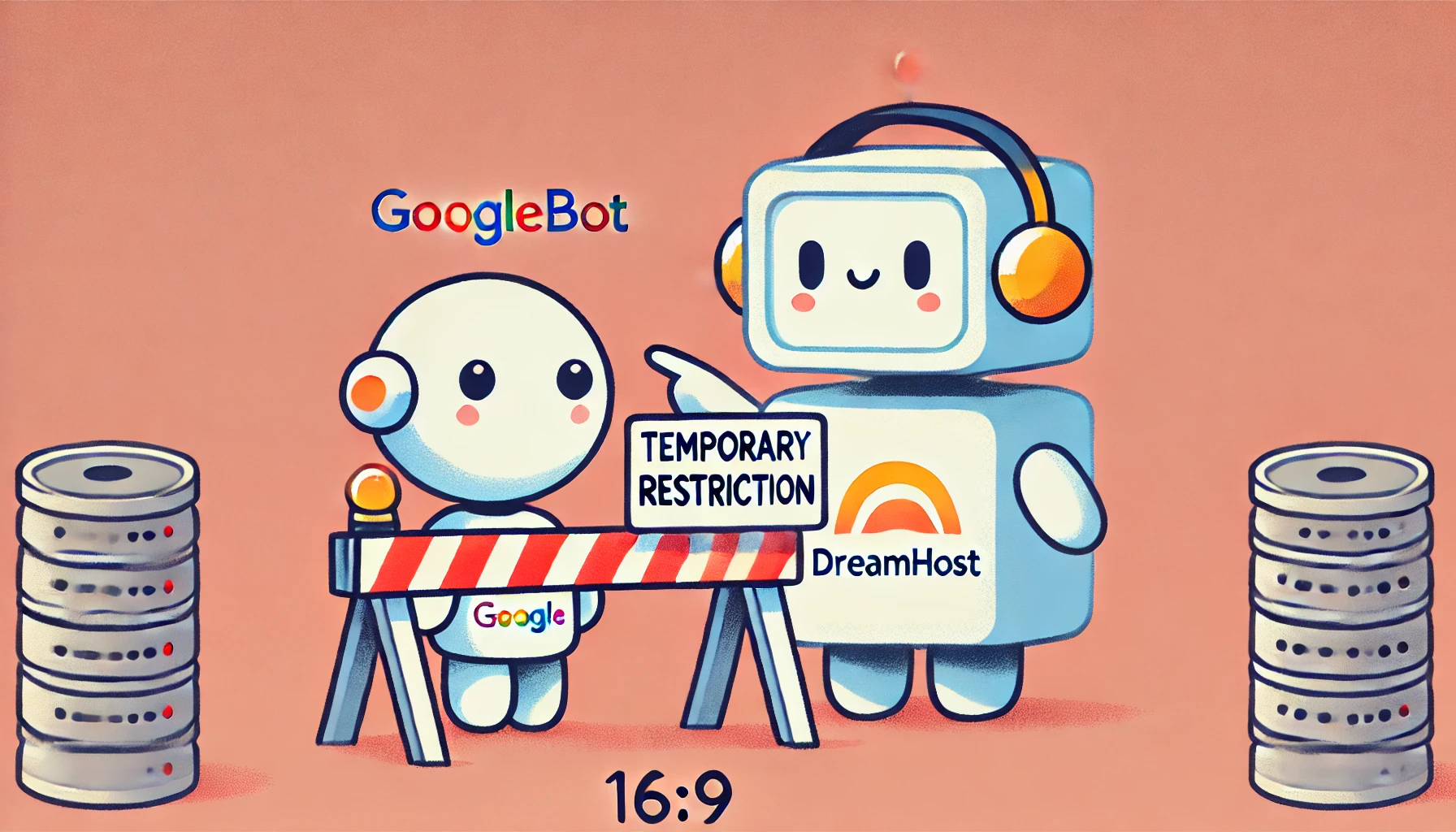 Una ilustración minimalista y divertida que muestra un robot simpático (representando a Googlebot) siendo detenido por un servidor amigable (representando a DreamHost) en una barrera. El servidor señala un cartel que indica una restricción temporal. El fondo es sencillo con colores suaves, destacando la interacción entre el robot y el servidor.