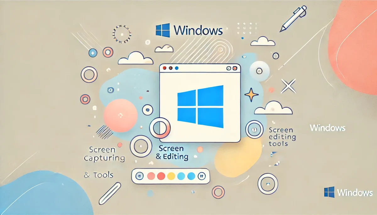 Ilustración minimalista en tonos pastel suaves que presenta el logotipo de Windows en el centro, rodeado de formas abstractas que representan herramientas de captura y edición de pantalla. La imagen tiene un diseño limpio y divertido, ideal para destacar la simplicidad y creatividad de las soluciones de software en Windows.