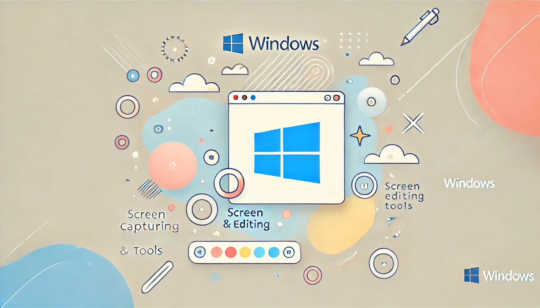 Ilustración minimalista en tonos pastel suaves que presenta el logotipo de Windows en el centro, rodeado de formas abstractas que representan herramientas de captura y edición de pantalla. La imagen tiene un diseño limpio y divertido, ideal para destacar la simplicidad y creatividad de las soluciones de software en Windows.