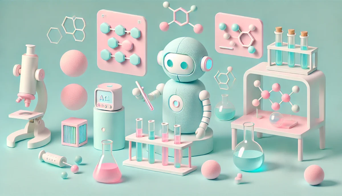 Una imagen en tonos pastel suaves y texturas de peluche que representa a un simpático robot científico AI trabajando en un laboratorio minimalista. La escena incluye equipos de laboratorio con formas redondeadas y una atmósfera lúdica, destacando la combinación entre la ciencia y la diversión en un entorno ligero y agradable. Ideal para ilustrar temas de inteligencia artificial y ciencia en un contexto amigable y accesible.