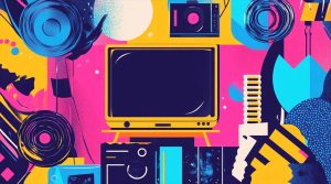 Ilustración de arte pop que simboliza el cine gratis en RTVE Play con colores vibrantes y estilo cómic.