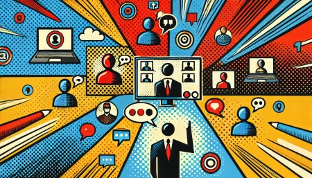 Ilustración minimalista en estilo arte pop de videoconferencia en X, con colores vibrantes y contornos audaces