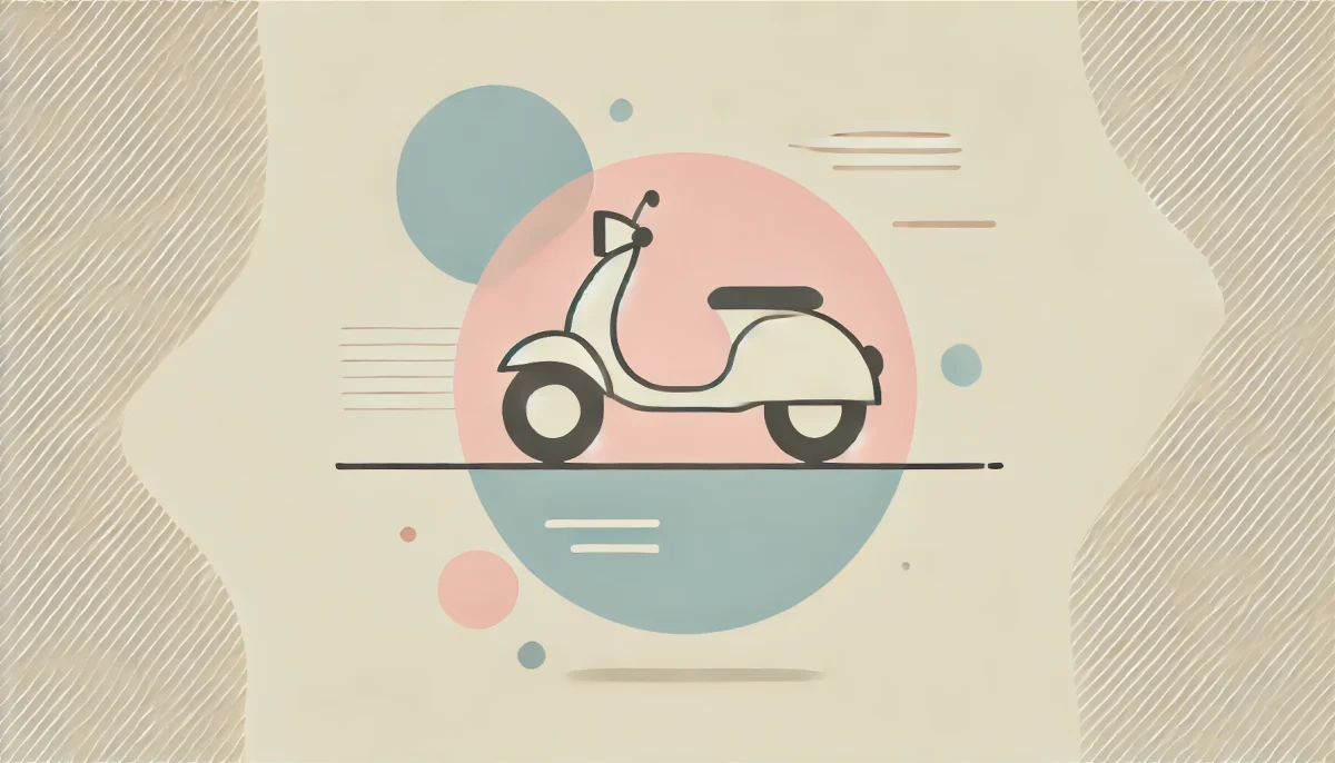 Esta imagen minimalista en formato 16:9 muestra una scooter estilizada en el centro, creada con tonos pasteles suaves como rosa, azul y crema, ideal para ilustrar conceptos de compra de motos de segunda mano. El fondo es un degradado suave con formas abstractas sutiles que le dan un toque moderno. La imagen es perfecta para temas relacionados con la compra y venta de vehículos, especialmente en el contexto de plataformas online.