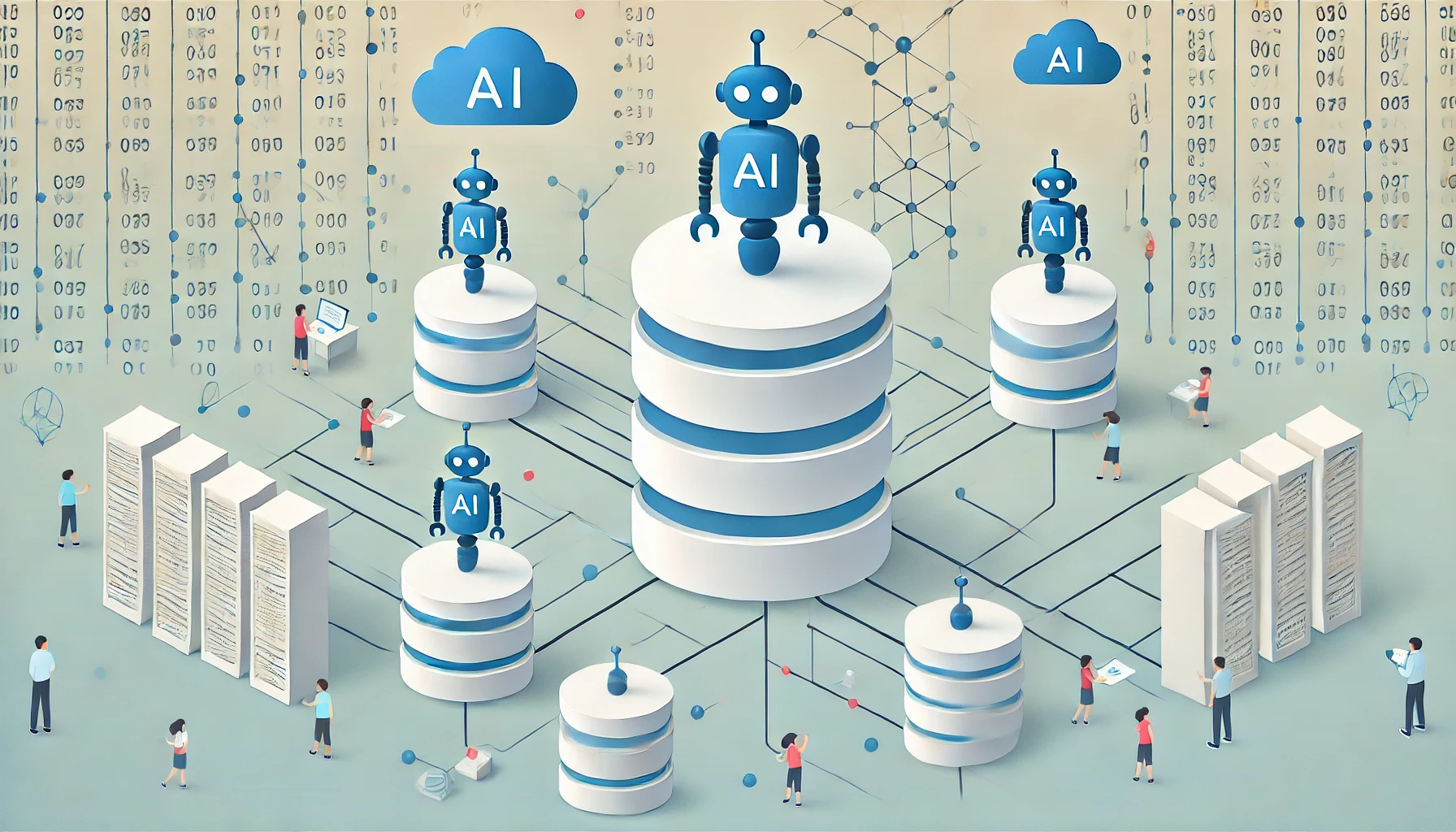 Una ilustración minimalista y divertida de una gran base de datos representada por nodos interconectados y flujos de datos, con pequeños robots de inteligencia artificial interactuando con los datos. El fondo es claro con líneas limpias y un diseño juguetón.