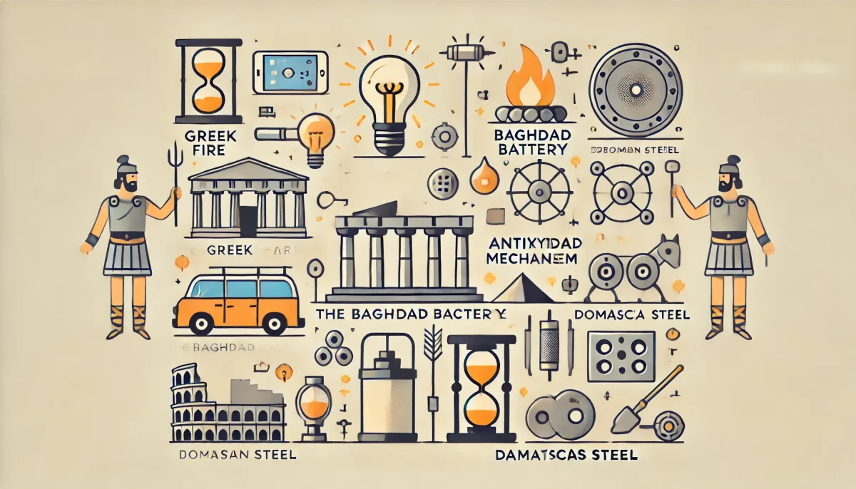 Una divertida y minimalista ilustración que representa tecnologías antiguas perdidas. La escena muestra íconos simplificados de varios inventos como el fuego griego, la pila de Bagdad, el cemento romano, el mecanismo de Anticitera y el acero de Damasco. Los íconos están dispuestos de manera lúdica y atractiva, con un fondo limpio y brillante para enfatizar el estilo minimalista. La ilustración es educativa y atractiva, ideal para los interesados en tecnologías antiguas.