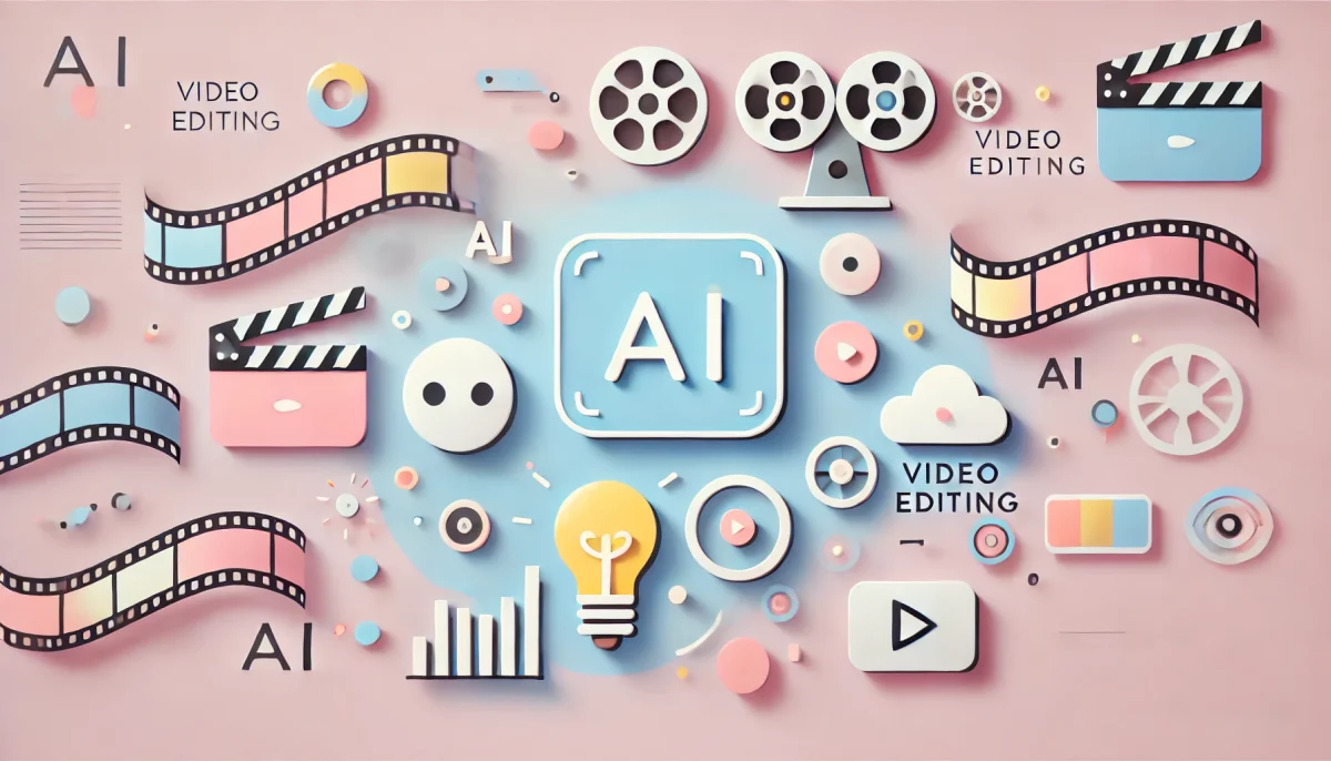 La imagen es un diseño minimalista y divertido con tonos pasteles suaves que representa el concepto de utilizar la IA en la edición de videos. La composición incluye iconos abstractos como carretes de película, clips de video y símbolos de inteligencia artificial, todos dispuestos de manera armoniosa y balanceada. Este diseño es perfecto para transmitir la naturaleza innovadora y creativa de la edición de videos con IA.