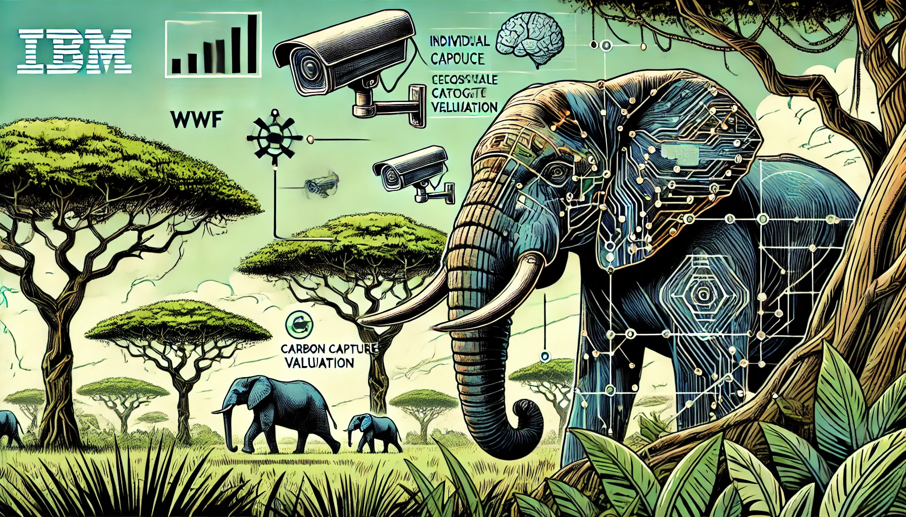 La imagen muestra al elefante en su hábitat natural, con tecnología y datos visualizados para resaltar la importancia de esta iniciativa