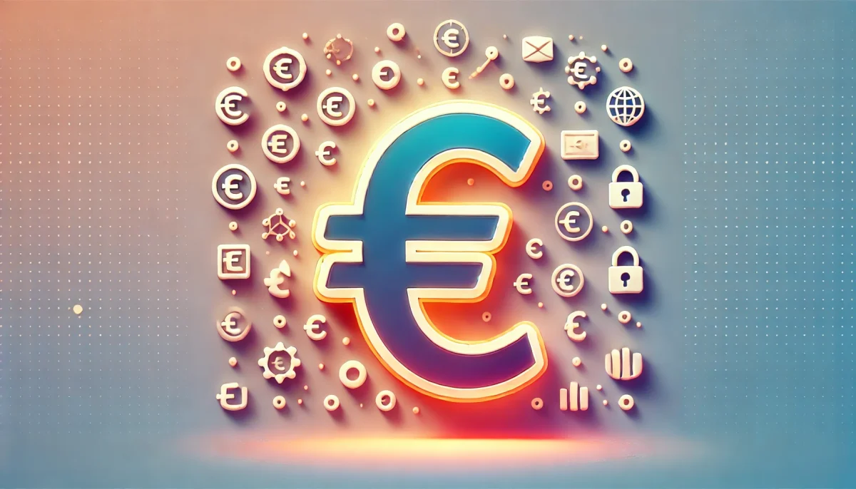 Una ilustración minimalista y divertida que muestra el concepto del euro digital. Un símbolo del euro estilizado y brillante, rodeado de pequeños iconos digitales representando tecnología, seguridad y conectividad. El fondo tiene un suave degradado que enfatiza el aspecto moderno e innovador de la moneda.