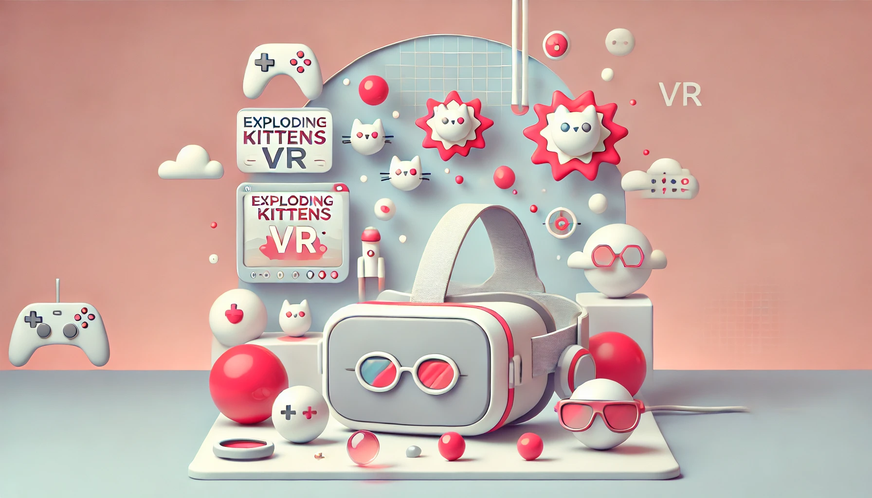 Imagen minimalista y lúdica en tonos pasteles suaves que captura el ambiente de Exploding Kittens VR, mostrando un visor de realidad virtual y elementos interactivos divertidos como gatitos explosivos y gafas de rayos X, perfecta para fans de la realidad virtual y juegos de cartas innovadores.