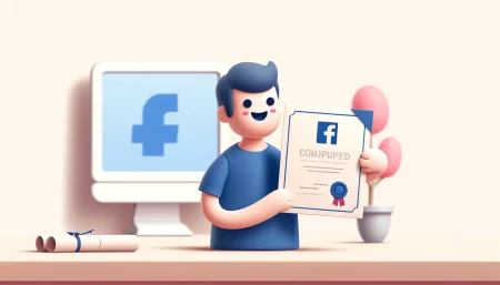 Un creador de contenido en Facebook sostiene un diploma, simbolizando la finalización de un curso de formación. El fondo es sencillo con colores pastel, mostrando una expresión de felicidad y alivio en el rostro del creador. La imagen es minimalista y transmite un sentimiento de ligereza y motivación.