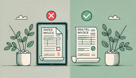 Una imagen minimalista y divertida que ilustra la transición de las facturas tradicionales en papel a las facturas electrónicas para autónomos y pequeñas empresas. La imagen muestra un dibujo simple de una factura en papel con una 'X' roja sobre ella, junto a una tableta digital mostrando una factura electrónica con una marca de verificación verde. El fondo es limpio y claro, con arte lineal simple y colores alegres.