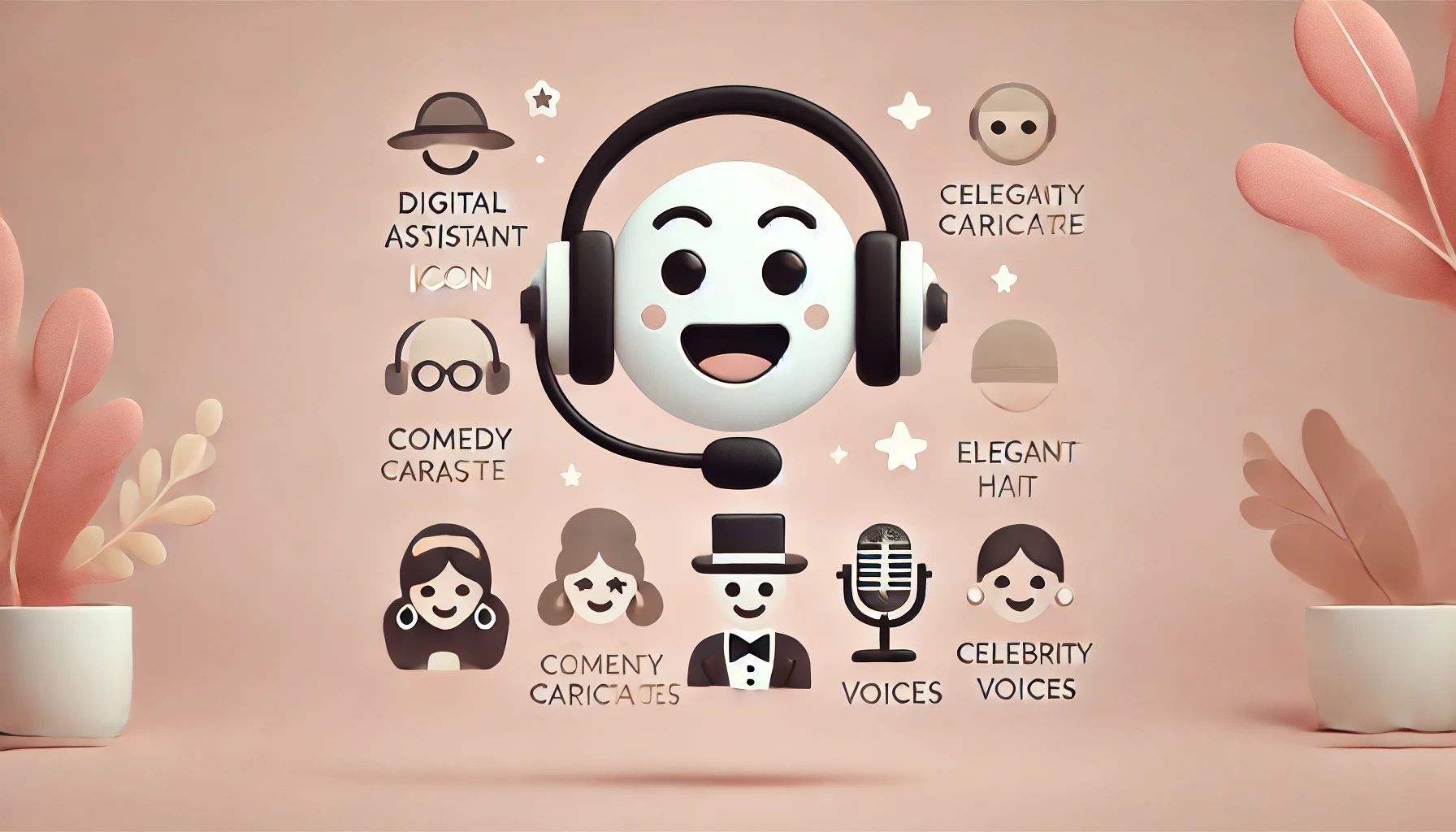 Una ilustración minimalista y divertida que muestra un icono de asistente digital con auriculares. Alrededor del icono, se encuentran caricaturas de celebridades como una máscara de comedia, un elegante sombrero y un micrófono, sugiriendo diferentes voces de famosos. El fondo es limpio con colores pastel suaves, destacando la incorporación de voces de celebridades en el asistente digital de Meta.