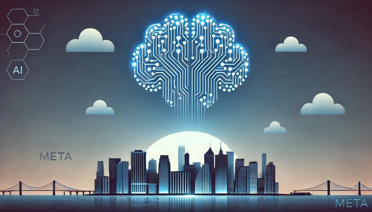 Esta imagen representa de manera minimalista y lúdica el futuro de la inteligencia artificial en Meta. Muestra un cerebro estilizado compuesto de circuitos digitales sobre una silueta simplificada de una ciudad al atardecer, simbolizando el desarrollo de la IA y su amplio impacto en la tecnología y la innovación.