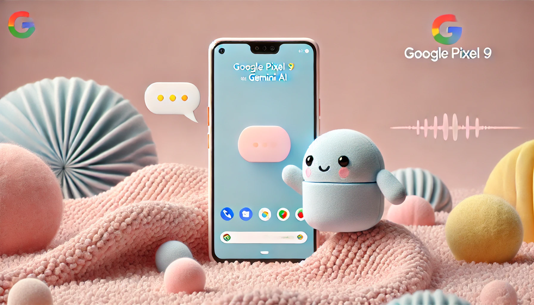 Una imagen en tonos pastel suaves y texturas de peluche que representa de manera divertida la interacción de la inteligencia artificial con un smartphone, destacando las nuevas funciones del Google Pixel 9 con Gemini AI. La ilustración presenta un diseño minimalista con un toque acogedor, utilizando colores delicados como rosa, azul y amarillo para crear un ambiente cálido y acogedor. Perfecta para transmitir la idea de tecnología amigable y avanzada en un entorno relajante y accesible.