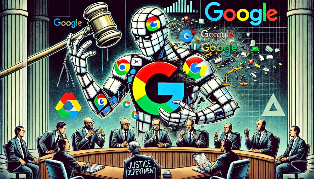 ilustración inspirada en el artículo sobre la posible ruptura de Google por el Departamento de Justicia de EE. UU. La imagen refleja la tensión de la situación y los posibles impactos en la compañía.