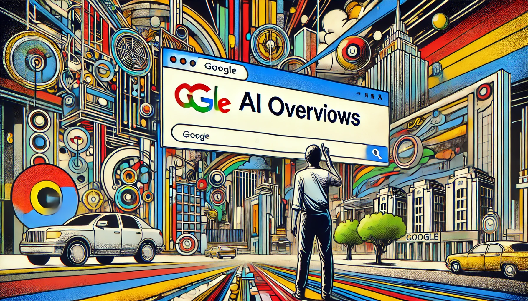 Ilustración estilo cómic y arte urbano sobre actualizaciones de Google AI Overviews