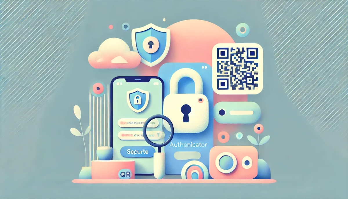 Imagen minimalista y divertida que representa la actualización de Google Authenticator con Material You. La ilustración en tonos pasteles suaves muestra elementos abstractos de seguridad como un candado y un escudo, junto con un código QR y una lupa, simbolizando las nuevas funciones y mejoras de seguridad. Perfecta para acompañar contenido sobre la última actualización de Google Authenticator.