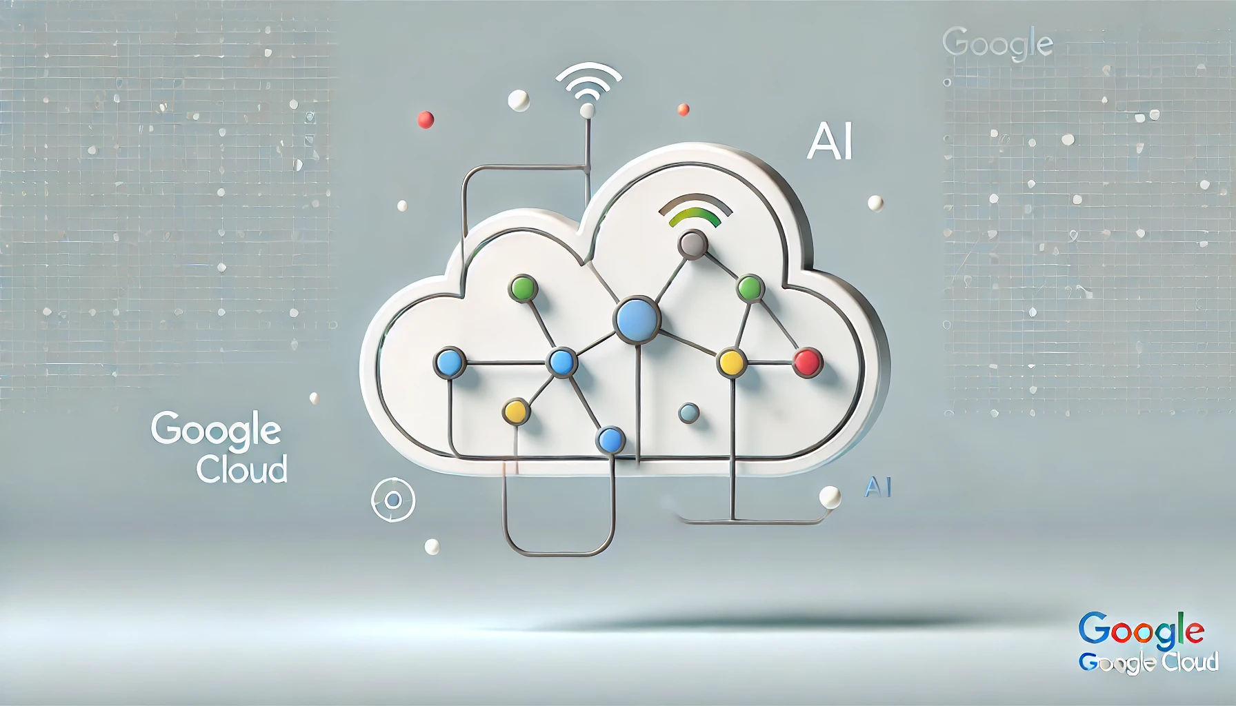 Una ilustración minimalista y divertida de una nube con nodos de datos conectados por líneas, formando una red. La imagen representa las nuevas innovaciones de Google Cloud en inteligencia artificial y su integración en la nube. El fondo es claro y limpio, con elementos sutiles que indican tecnología e integración de datos.