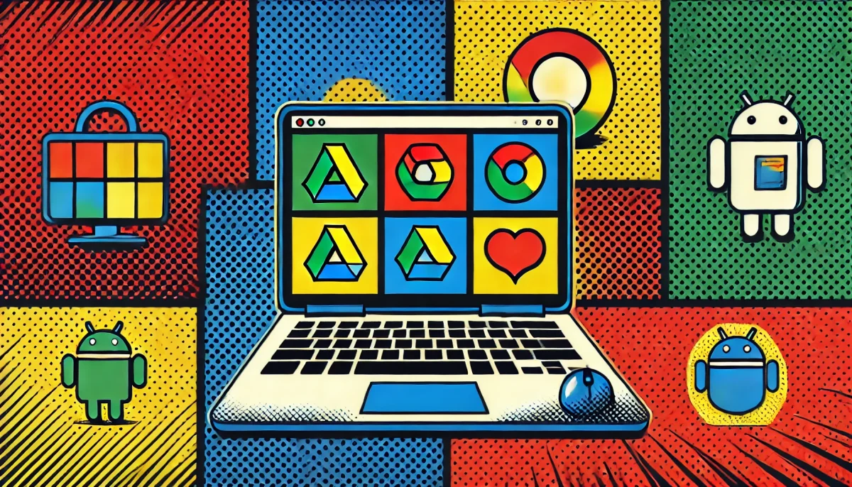 Ilustración de arte pop que destaca la llegada de Google Essentials a Windows, con un estilo vibrante y colores intensos