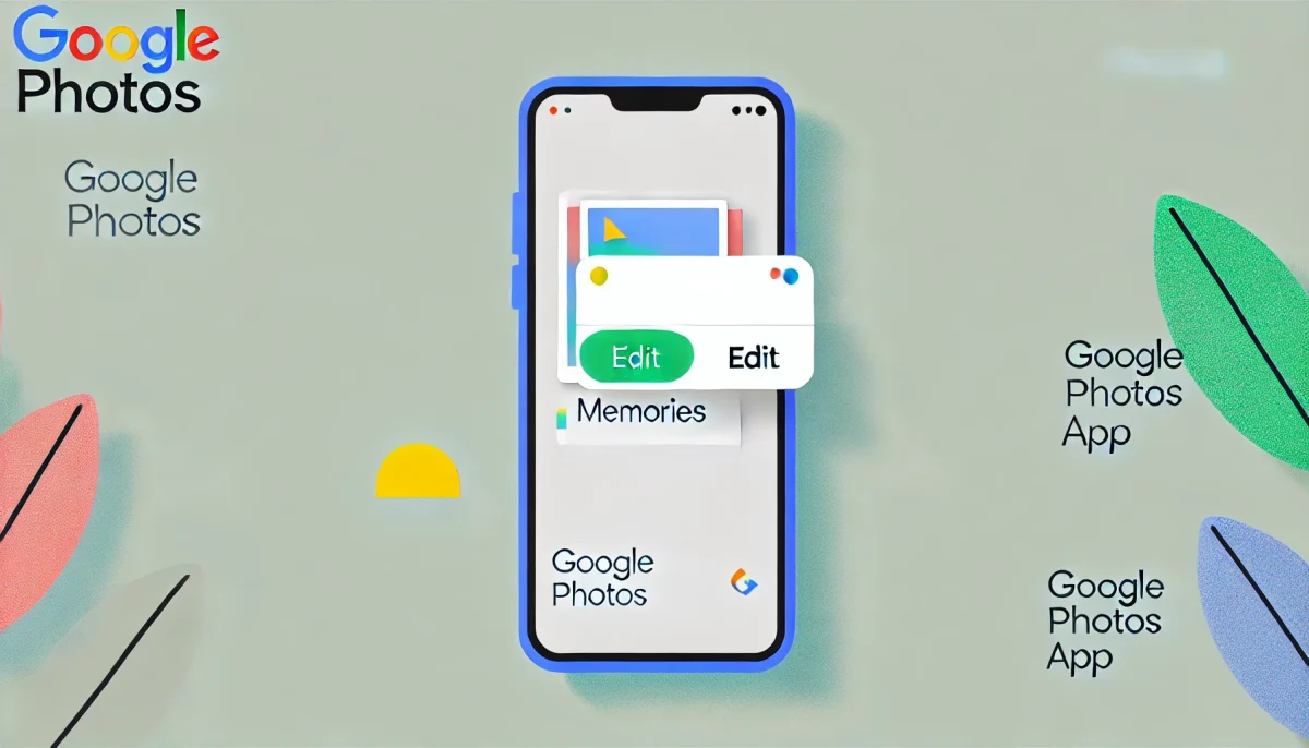 Imagen minimalista y divertida de una pantalla de smartphone mostrando la app de Google Photos con el nuevo botón de 'Editar' resaltado en la pestaña de Recuerdos. Fondo limpio y sencillo que enfatiza la interfaz amigable del usuario. Diseño colorido y minimalista, con un toque lúdico que transmite facilidad de uso y tecnología moderna.