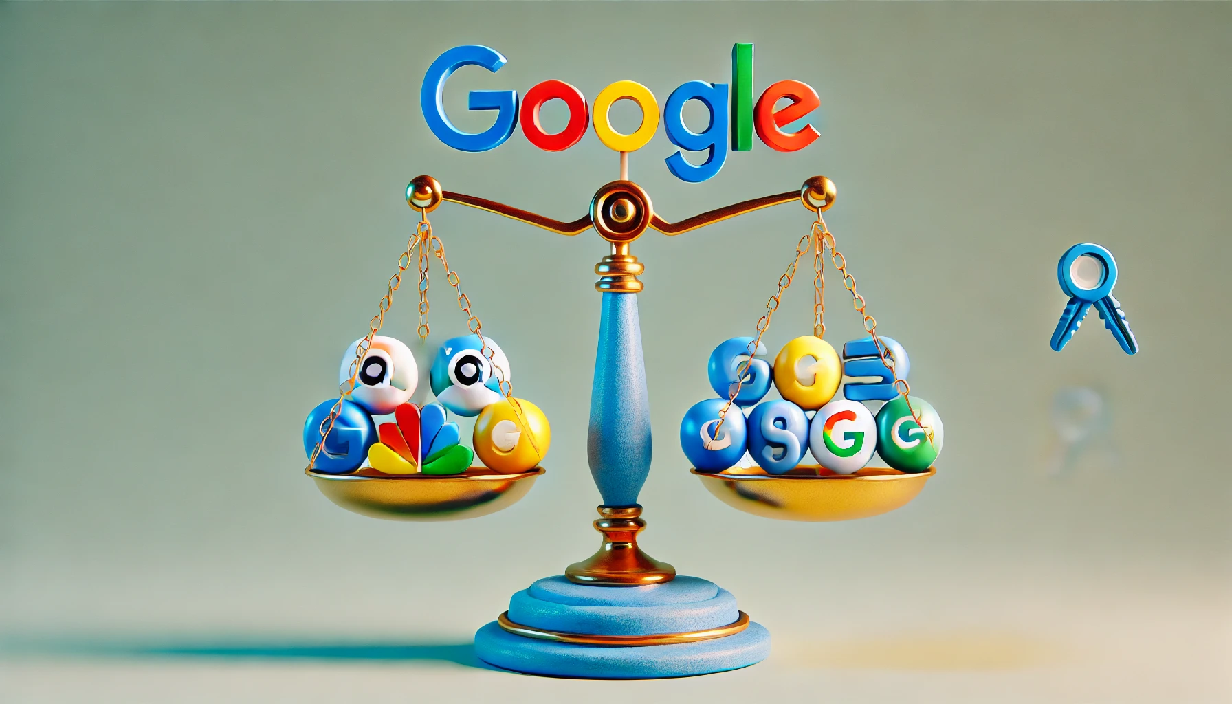 Una balanza de justicia equilibrada con un logotipo de Google de un lado y varios logotipos de buscadores pequeños del otro lado, representando el veredicto sobre el monopolio de Google en las búsquedas en línea. La imagen es minimalista y divertida, con colores vivos y un fondo claro.